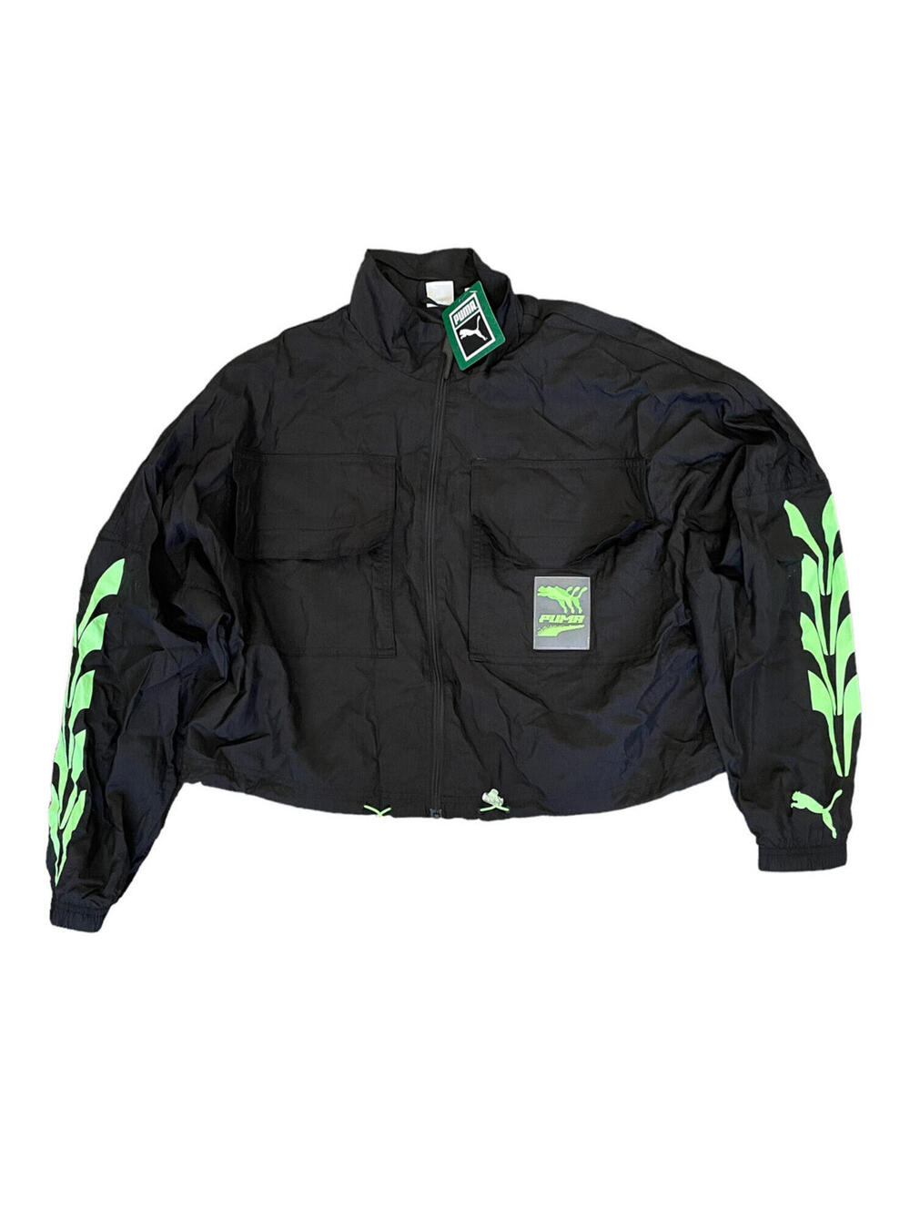 Puma Evide Women’s Sportswear Woven Track Jacket Black Green 597770-01 NEW Large